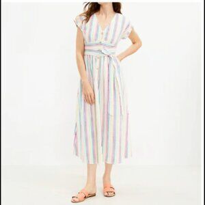 NWT LOFT Rainbow Seersucker Striped Button-Down Midi Dress Petite 6P